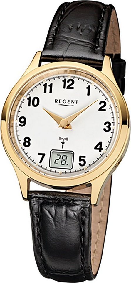 Regent Funkuhr Regent Leder Damen Uhr FR-194 Funkuhr, Damenuhr mit Lederarmband, rundes Gehäuse, (ca. 29mm), Elegant-Style von Regent