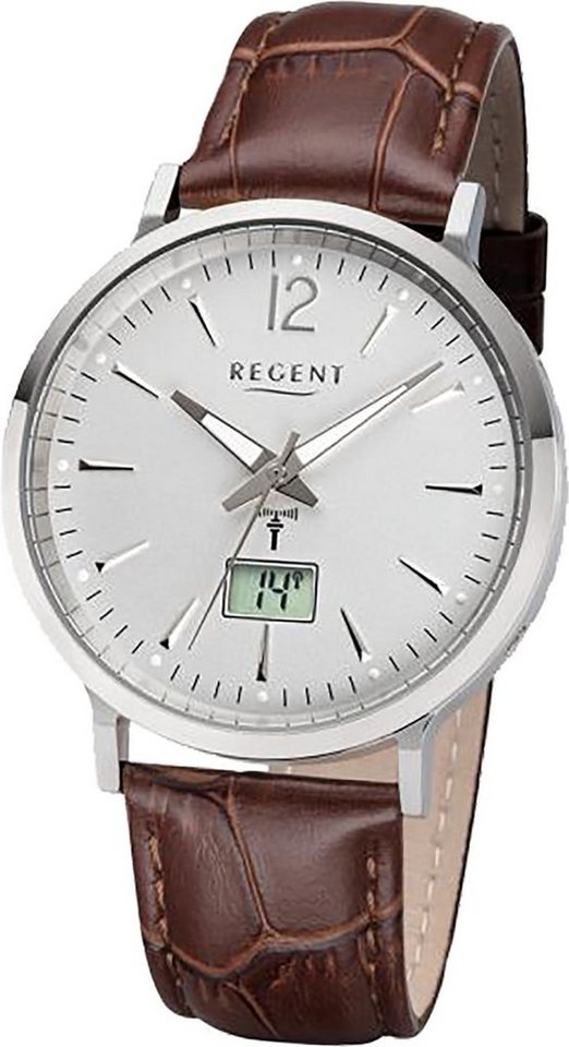 Regent Funkuhr Regent Leder Herren Uhr FR-243, Herrenuhr mit Lederarmband, rundes Gehäuse (ca. 40mm), Elegant-Style von Regent