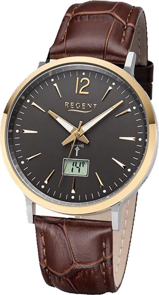 Regent Funkuhr Regent Leder Herren Uhr FR-244, Herrenuhr mit Lederarmband, rundes Gehäuse (ca. 40mm), Elegant-Style von Regent