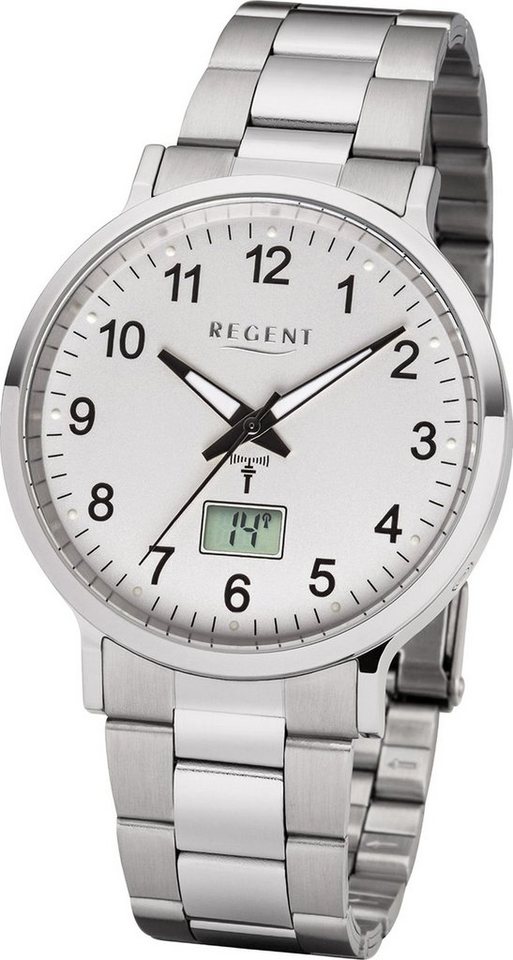 Regent Funkuhr Regent Metall Herren Uhr FR-248, Herrenuhr mit Metallarmband, rundes Gehäuse (ca. 40mm), Elegant-Style von Regent