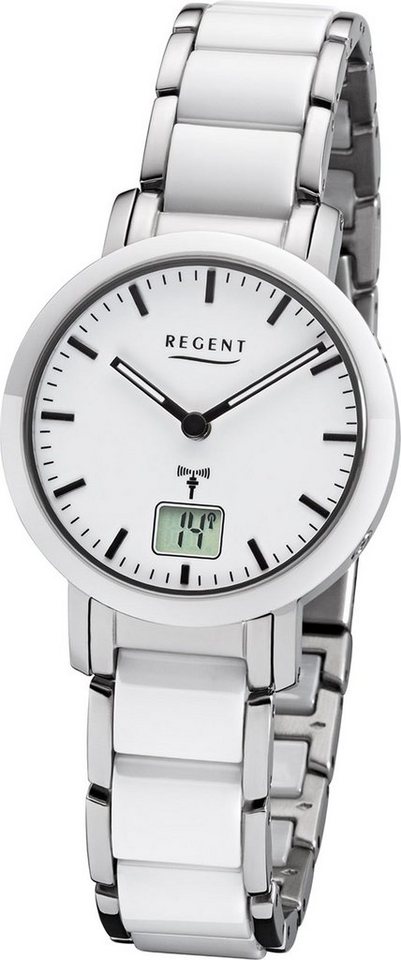 Regent Funkuhr Regent Metall Damen Uhr FR-264, Damenuhr Metallarmband weiß, silber, rundes Gehäuse, klein (ca. 30mm) von Regent