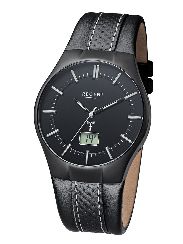 Regent Funkuhr Herrenfunkuhr Stahl + Stahl IPB 39mm Lederband Funkuhren Herren von Regent