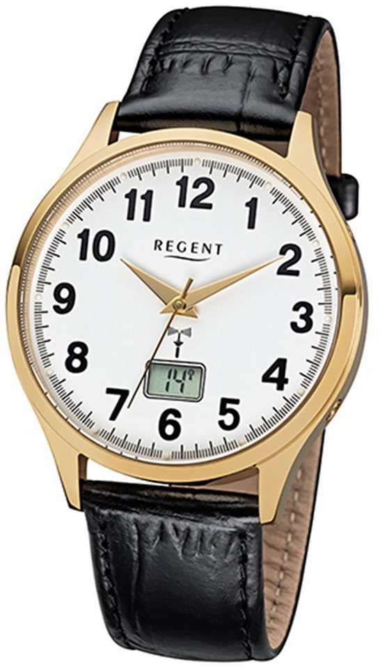 Regent Funkuhr Regent Herren-Armbanduhr schwarz Analog, Herren Funkuhr rund, groß (ca. 40mm), Lederarmband von Regent