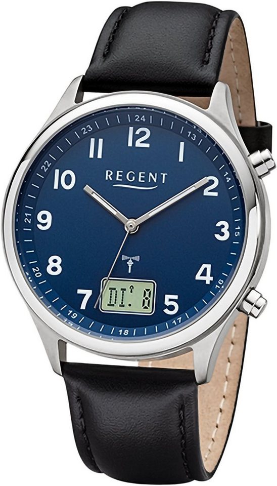 Regent Funkuhr Regent Herren Funkuhr Analog-Digital, (Funkuhr), Herren Funkuhr rund, extra groß (ca. 39mm), Lederarmband von Regent
