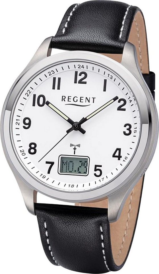 Regent Funkuhr Regent Herren Funkuhr Analog-Digital, (Funkuhr), Herren Funkuhr rund, extra groß (ca. 42mm), Lederarmband von Regent