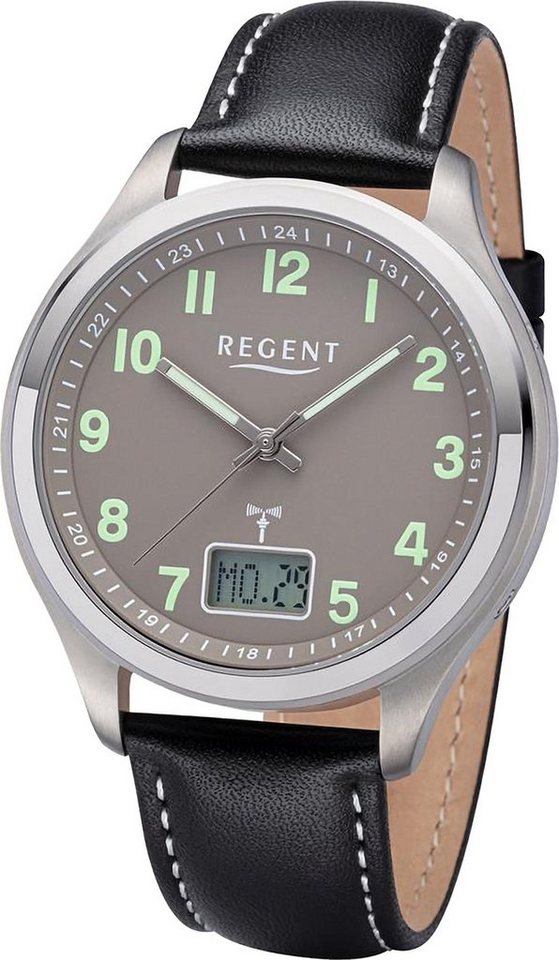 Regent Funkuhr Regent Herren Funkuhr Analog-Digital, (Funkuhr), Herren Funkuhr rund, extra groß (ca. 42mm), Lederarmband von Regent