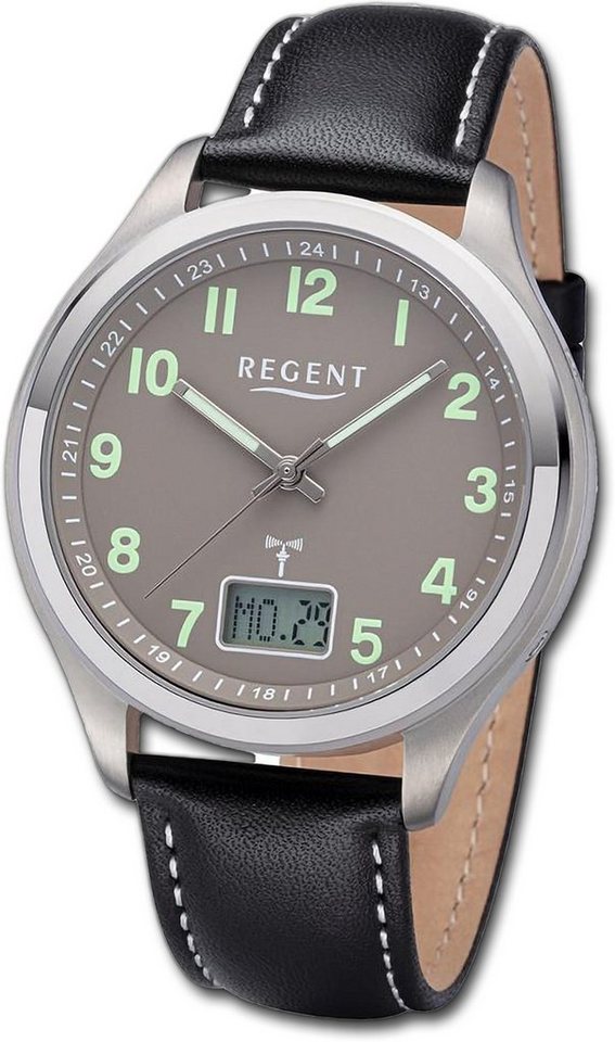 Regent Funkuhr Regent Herren Funkuhr Analog-Digital, Herrenuhr Lederarmband schwarz, rundes Gehäuse, extra groß (ca. 42mm) von Regent