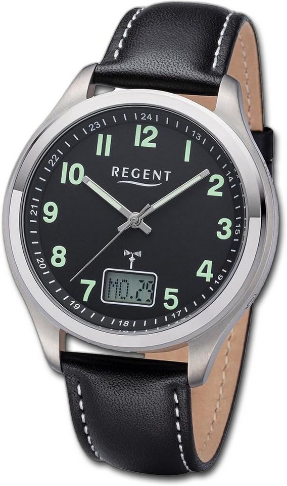 Regent Funkuhr Regent Herren Funkuhr Analog-Digital, Herrenuhr Lederarmband schwarz, weiß, rundes Gehäuse, groß (ca. 42mm) von Regent