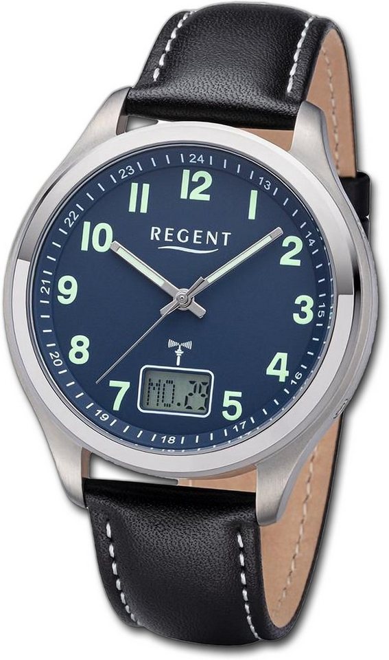 Regent Funkuhr Regent Herren Funkuhr Analog-Digital, Herrenuhr Lederarmband schwarz, weiß, rundes Gehäuse, groß (ca. 42mm) von Regent