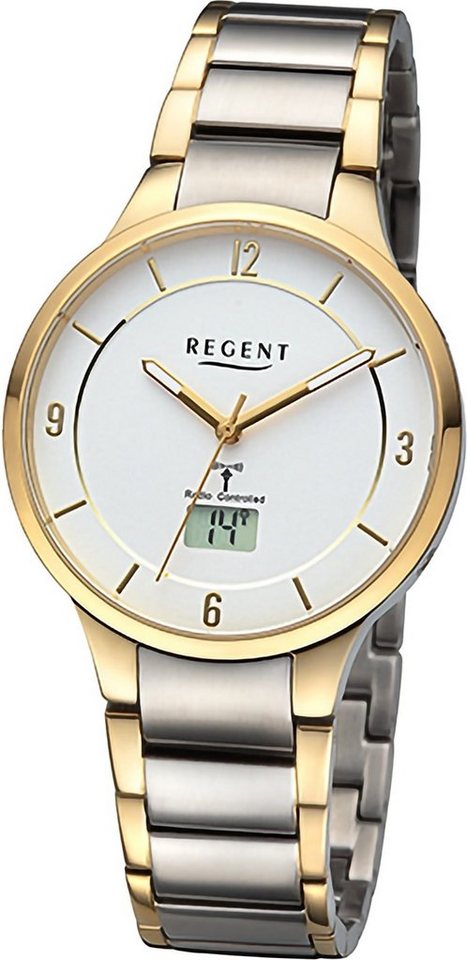 Regent Funkuhr Regent Herren Funkuhr Analog-Digital, Herrenuhr Metallarmband gold, silber, rundes Gehäuse, groß (ca. 39mm) von Regent