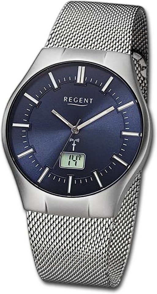 Regent Funkuhr Regent Herren Funkuhr Analog-Digital, Herrenuhr Metallarmband silber, rundes Gehäuse, extra groß (ca. 39mm) von Regent