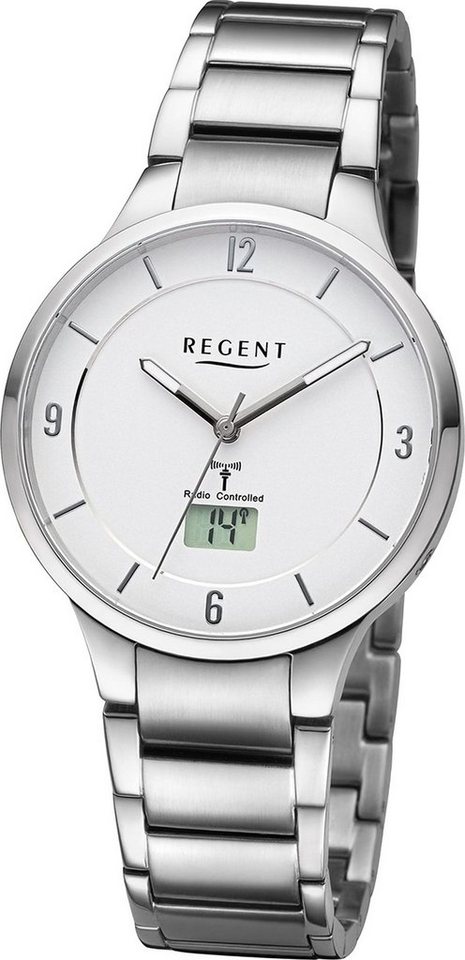 Regent Funkuhr Regent Herren Funkuhr Analog-Digital, Herrenuhr Metallarmband silber, rundes Gehäuse, extra groß (ca. 39mm) von Regent