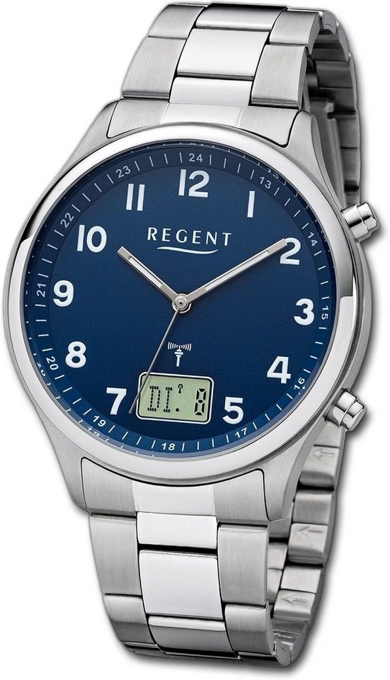 Regent Funkuhr Regent Herren Funkuhr Analog-Digital, Herrenuhr Metallarmband silber, rundes Gehäuse, extra groß (ca. 39mm) von Regent