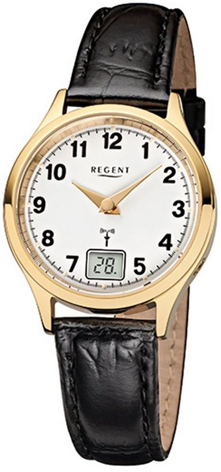 Regent Funkuhr Regent Damen-Armbanduhr schwarz Analog, Damen Funkuhr rund, klein (ca. 29mm), Lederarmband von Regent