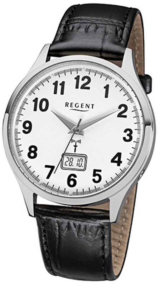 Regent Funkuhr Regent Herren-Armbanduhr schwarz, (Funkuhr), Herren Funkuhr rund, groß (ca. 40mm), Lederarmband von Regent