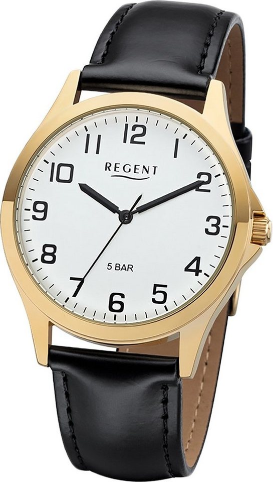 Regent Quarzuhr Regent Leder Herren Uhr 1103482 Analog, Herrenuhr Lederarmband schwarz, rundes Gehäuse, mittel (ca. 39mm) von Regent