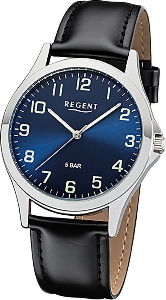 Regent Quarzuhr Regent Leder Herren Uhr 1112421 Analog, Herrenuhr Lederarmband schwarz, rundes Gehäuse, mittel (ca. 39mm) von Regent