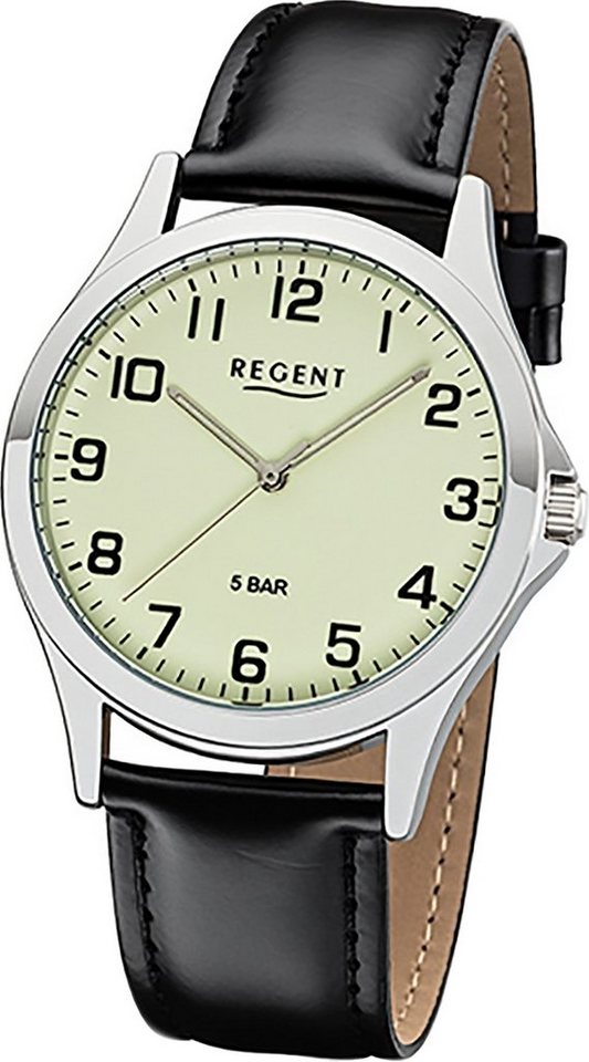 Regent Quarzuhr Regent Leder Herren Uhr 1112426 Analog, Herrenuhr Lederarmband schwarz, rundes Gehäuse, mittel (ca. 39mm) von Regent