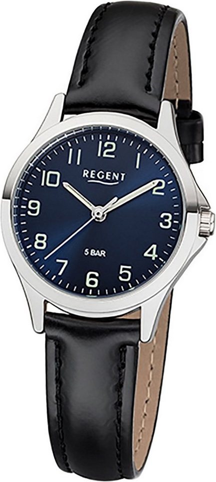 Regent Quarzuhr Regent Leder Damen Uhr 2112417 Analog, Damenuhr Lederarmband schwarz, rundes Gehäuse, klein (ca. 29mm) von Regent