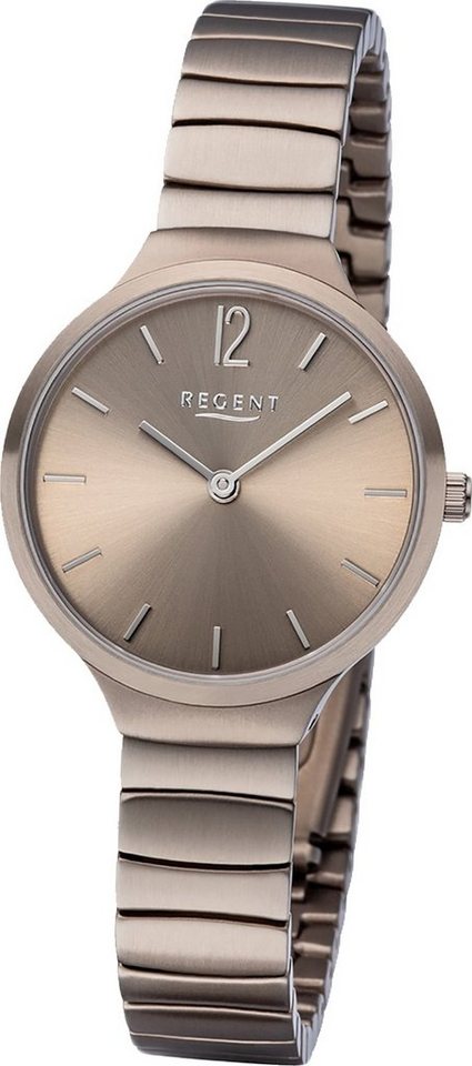 Regent Quarzuhr Regent Edelstahl Damen Uhr BA-555 Quarz, Damenuhr Edelstahlarmband khaki, grau, rundes Gehäuse, klein (30mm) von Regent