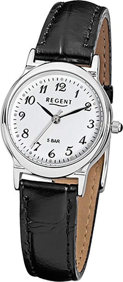 Regent Quarzuhr Regent Leder Damen Uhr F-013 Quarzuhr, Damenuhr Lederarmband schwarz, rundes Gehäuse, klein (ca. 27mm) von Regent