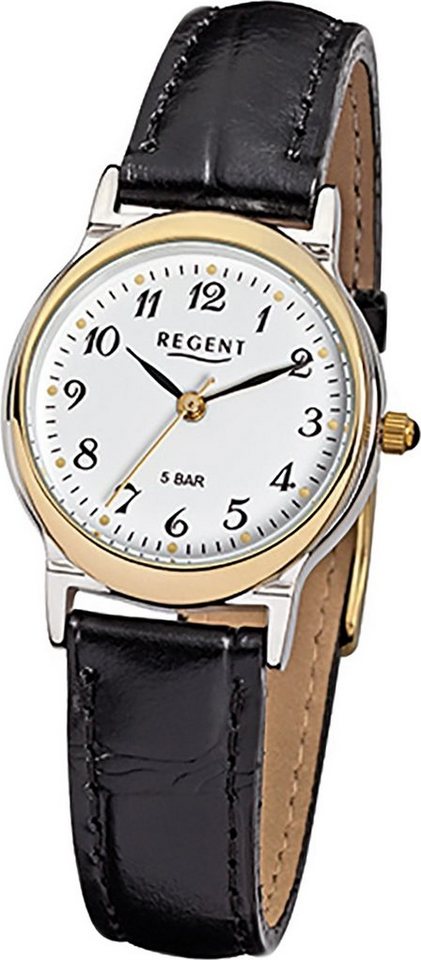 Regent Quarzuhr Regent Leder Damen Uhr F-014 Quarzuhr, Damenuhr Lederarmband schwarz, rundes Gehäuse, klein (ca. 27mm) von Regent