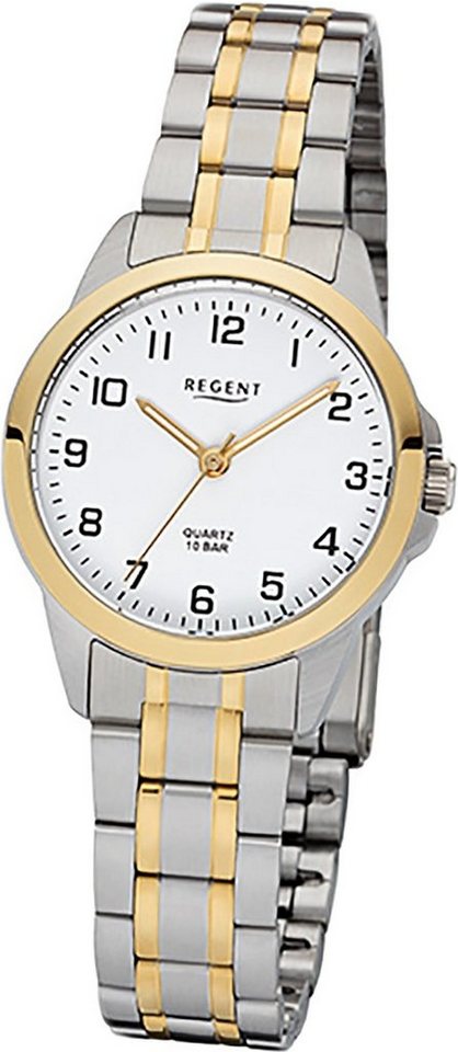 Regent Quarzuhr Regent Edelstahl Damen Uhr F-1006 Quarz, (Analoguhr), Damenuhr Edelstahlarmband silber, gold, rundes Gehäuse, klein (29mm) von Regent