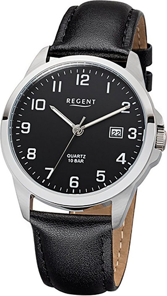 Regent Quarzuhr Regent Leder Herren Uhr F-1008 Quarzuhr, Herrenuhr Lederarmband schwarz, rundes Gehäuse, mittel (ca. 39mm) von Regent