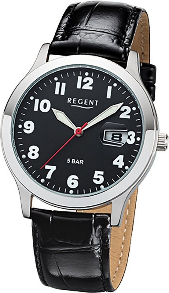 Regent Quarzuhr Regent Leder Herren Uhr F-1023 Quarzuhr, Herrenuhr Lederarmband schwarz, rundes Gehäuse, mittel (ca. 39mm) von Regent