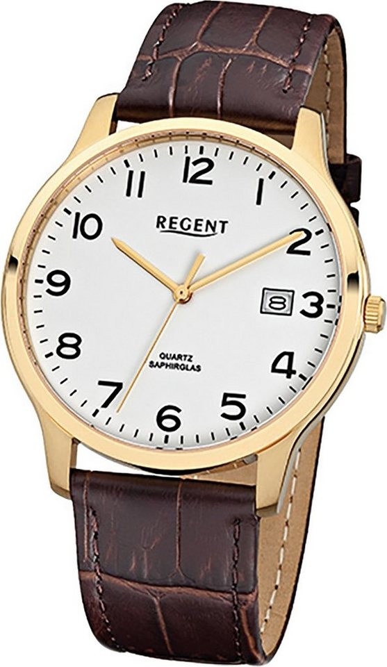 Regent Quarzuhr Regent Leder Herren Uhr F-1026 Quarzuhr, Herrenuhr Lederarmband braun, rundes Gehäuse, mittel (ca. 39mm) von Regent