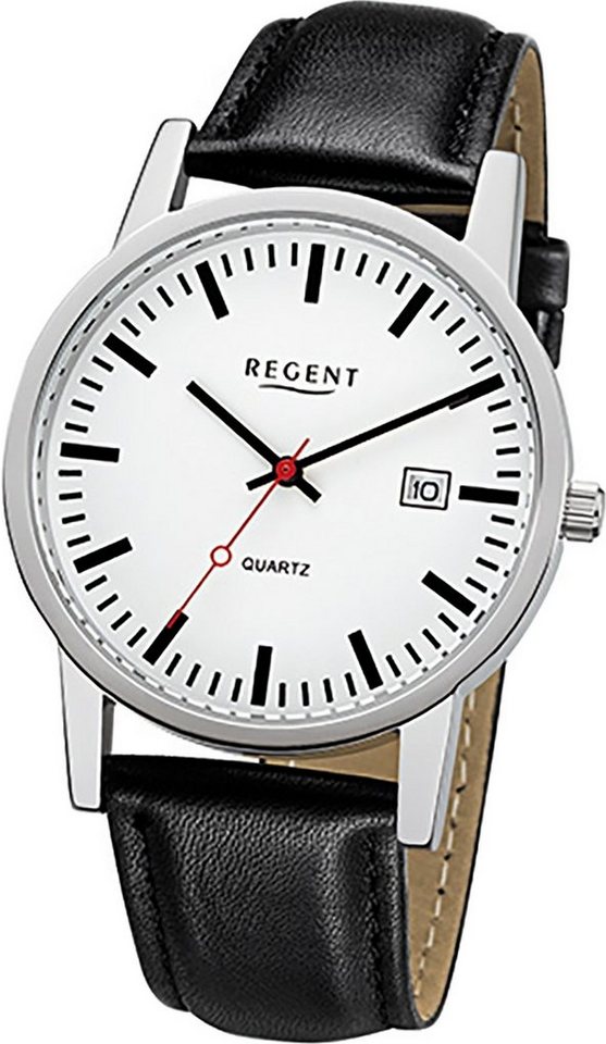Regent Quarzuhr Regent Leder Herren Uhr F-1027 Quarzuhr, (Analoguhr), Herrenuhr Lederarmband schwarz, rundes Gehäuse, mittel (ca. 38mm) von Regent