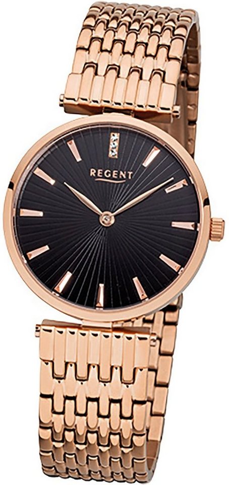 Regent Quarzuhr Regent Edelstahl Damen Uhr F-1059 Quarz, Damenuhr Edelstahlarmband rosegold, rundes Gehäuse, klein (ca. 30mm) von Regent