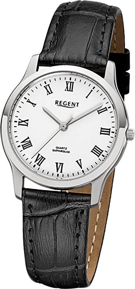 Regent Quarzuhr Regent Leder Damen Uhr F-1072 Quarzuhr, Damenuhr Lederarmband schwarz, rundes Gehäuse, klein (ca. 30mm) von Regent