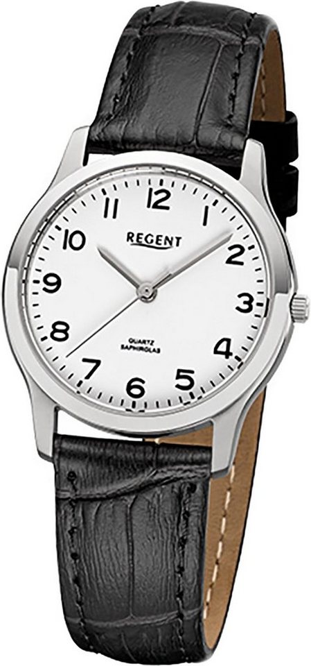 Regent Quarzuhr Regent Leder Damen Uhr F-1073 Quarzuhr, Damenuhr Lederarmband schwarz, rundes Gehäuse, klein (ca. 30mm) von Regent