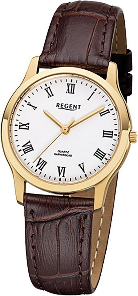 Regent Quarzuhr Regent Leder Damen Uhr F-1074 Quarzuhr, Damenuhr Lederarmband braun, rundes Gehäuse, klein (ca. 30mm) von Regent