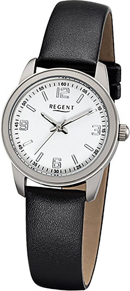 Regent Quarzuhr Regent Leder Damen Uhr F-1087 Quarzuhr, Damenuhr Lederarmband schwarz, rundes Gehäuse, klein (ca. 27mm) von Regent