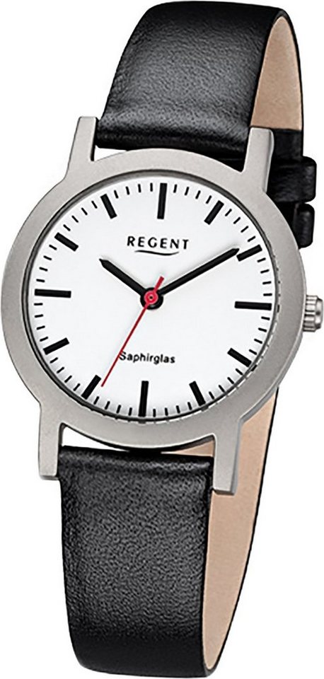 Regent Quarzuhr Regent Leder Damen Uhr F-1088 Quarzuhr, Damenuhr Lederarmband schwarz, rundes Gehäuse, klein (ca. 28mm) von Regent