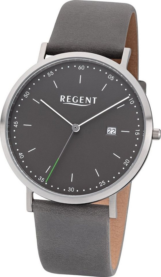 Regent Quarzuhr Regent Leder Herren Uhr F-1142 Analog, (Analoguhr), Herrenuhr Lederarmband grau, rundes Gehäuse, groß (ca. 40mm) von Regent