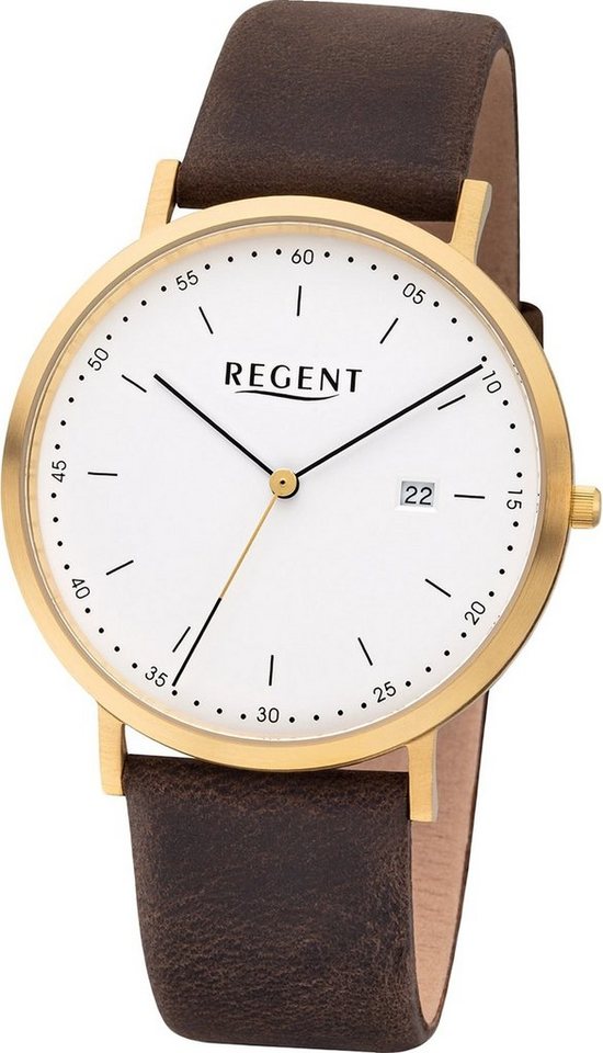 Regent Quarzuhr Regent Leder Herren Uhr F-1143 Analog, Herrenuhr Lederarmband braun, rundes Gehäuse, groß (ca. 40mm) von Regent