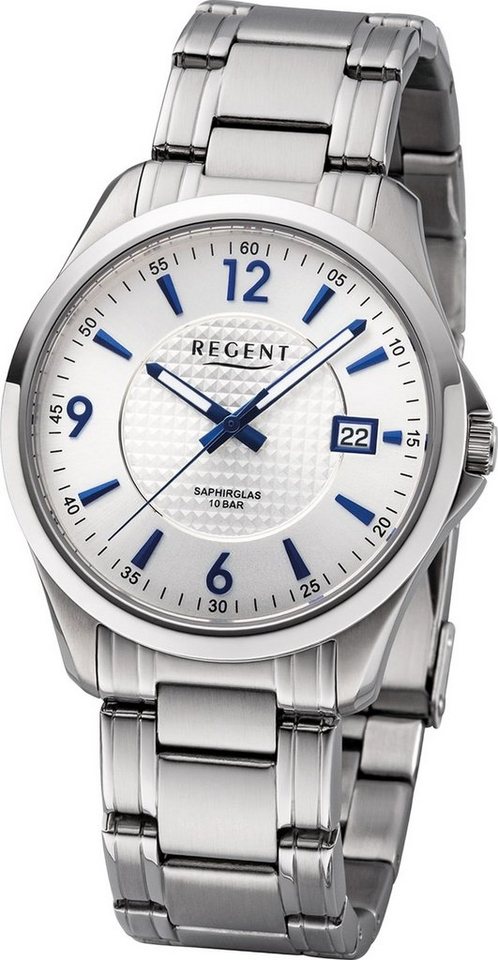 Regent Quarzuhr Regent Metall Herren Uhr F-1185 Analog, (Analoguhr), Herrenuhr Metallarmband silber, rundes Gehäuse, mittel (ca. 39mm) von Regent