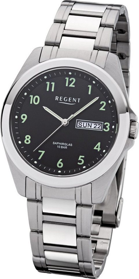 Regent Quarzuhr Regent Metall Herren Uhr F-1186 Analog, Herrenuhr Metallarmband silber, rundes Gehäuse, mittel (ca. 38mm) von Regent