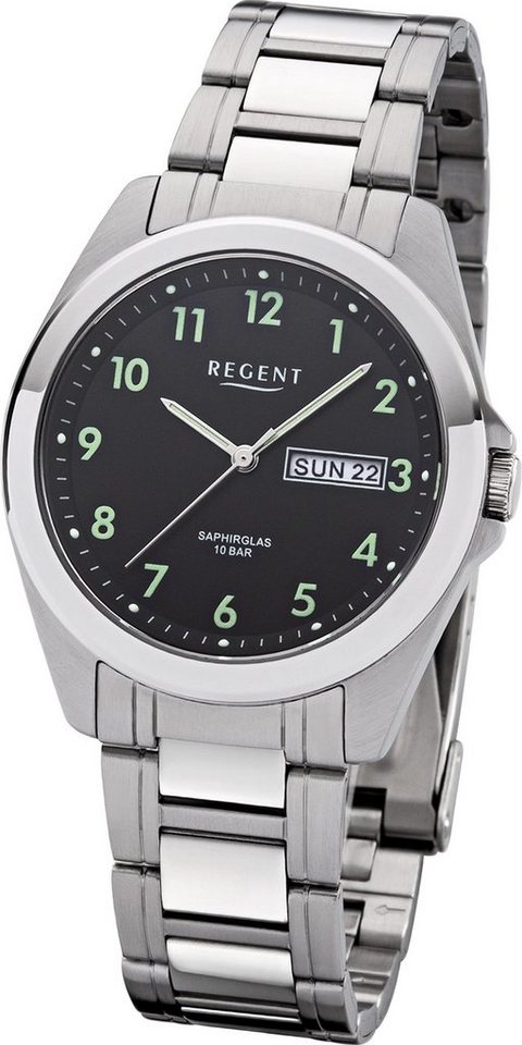Regent Quarzuhr Regent Metall Herren Uhr F-1186 Analog, (Analoguhr), Herrenuhr Metallarmband silber, rundes Gehäuse, mittel (ca. 38mm) von Regent
