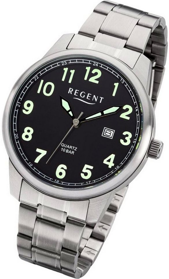 Regent Quarzuhr Regent Metall Herren Uhr F-1189 Analog, Herrenuhr Metallarmband silber, rundes Gehäuse, groß (ca. 41mm) von Regent