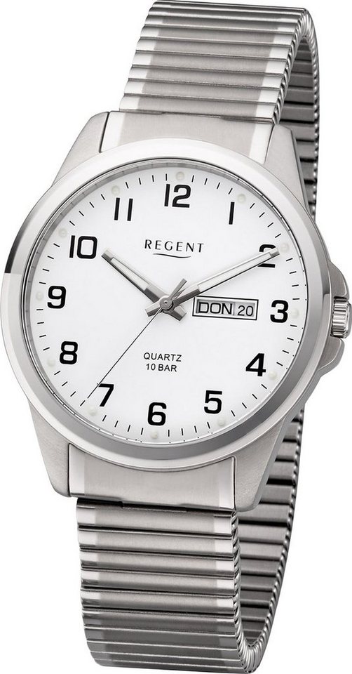 Regent Quarzuhr Regent Metall Herren Uhr F-1198 Analog, (Analoguhr), Herrenuhr Metallarmband silber, rundes Gehäuse, groß (ca. 40mm) von Regent
