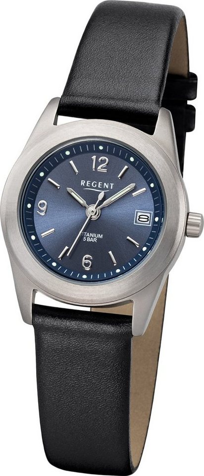 Regent Quarzuhr Regent Leder Damen Uhr F-1214 Analog, Damenuhr Lederarmband schwarz, rundes Gehäuse, klein (ca. 27mm) von Regent