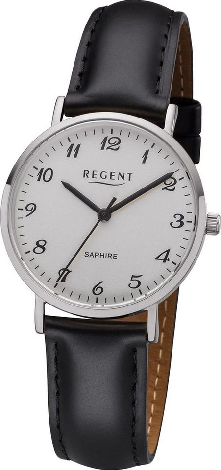 Regent Quarzuhr Regent Leder Damen Uhr F-1217 Analog, Damenuhr Lederarmband schwarz, rundes Gehäuse, mittel (ca. 32mm) von Regent