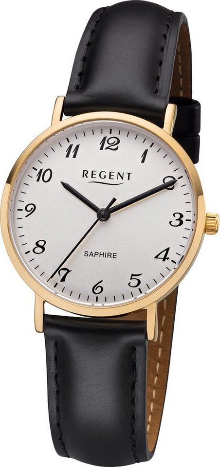 Regent Quarzuhr Regent Leder Damen Uhr F-1218 Analog, Damenuhr Lederarmband schwarz, rundes Gehäuse, mittel (ca. 32mm) von Regent