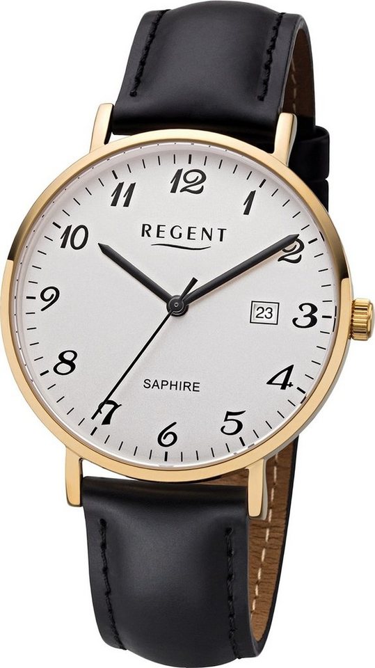 Regent Quarzuhr Regent Leder Herren Uhr F-1230 Analog, Herrenuhr Lederarmband schwarz, rundes Gehäuse, mittel (ca. 38mm) von Regent