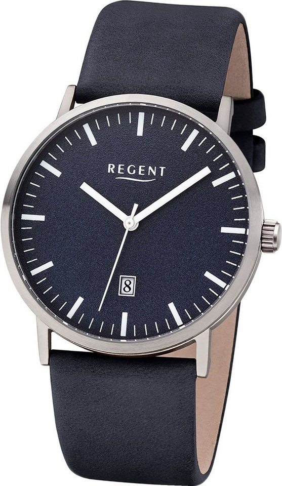 Regent Quarzuhr Regent Leder Herren Uhr F-1233 Analoge, Herrenuhr Lederarmband blau, rundes Gehäuse, mittel (ca. 39mm) von Regent