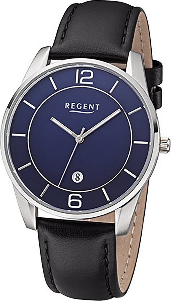 Regent Quarzuhr Regent Leder Herren Uhr F-1235 Analog, Herrenuhr Lederarmband schwarz, rundes Gehäuse, groß (ca. 40mm) von Regent